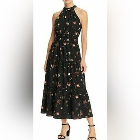 Lost + Wander black floral elastic waist tiered skirt lined maxi. Large. - Picture 1 of 11